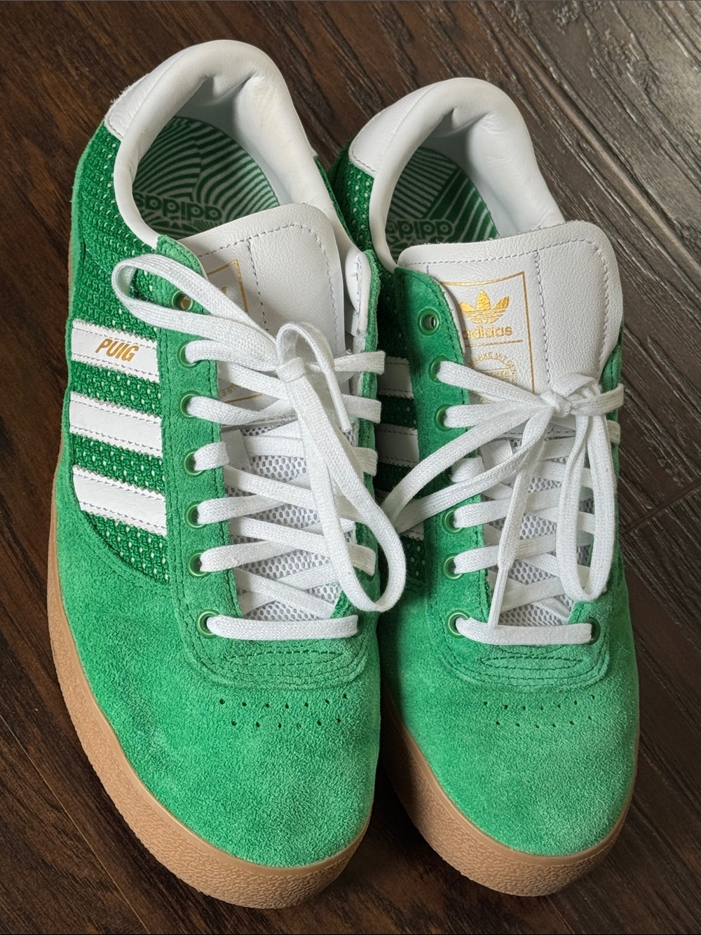 adidas Green Suede Sneakers with White Stripes and Gum Sole